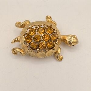 Vintage Gold Tone Amber Rhinestone Turtle Brooch Pin Textured Shell Pin